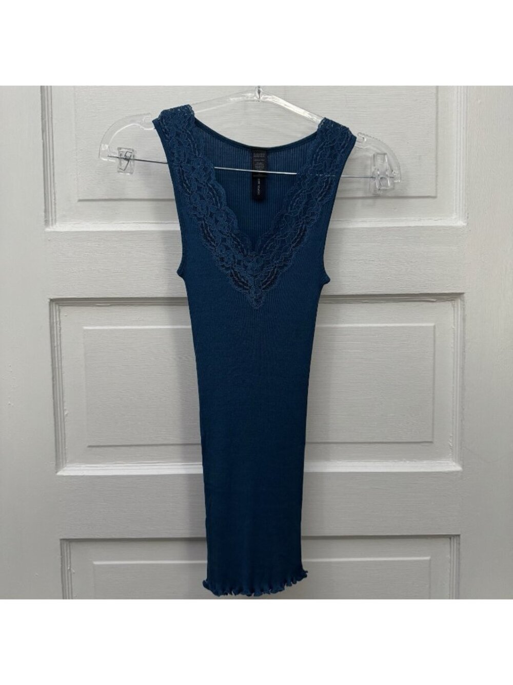 Banana Republic Womens XS Teal Silk Cotton Ribbed Lace V Neck Tank Top Longline